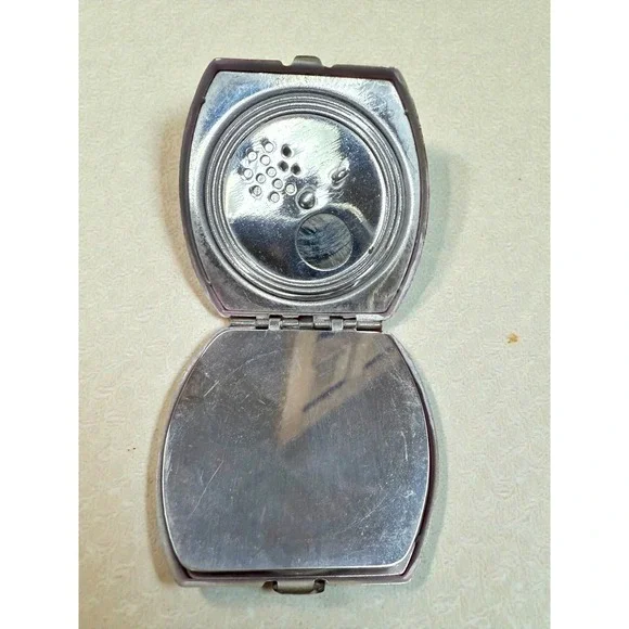 Antique Art Deco Compact Powder Rouge Green Teal Case Mirror Rhinestone Accent - Picture 4 of 8